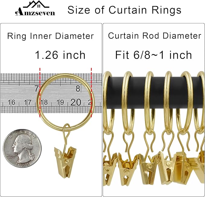 40 Pack Curtain Rings with Clips, Drapery Clips with Rings, Drapes Rings 1.26 in Interior Diameter, Fits up to 1 in Curtain Rod, Gold Color