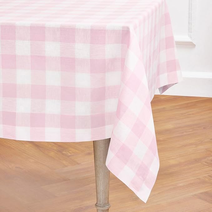 Solino Home Linen Checkered Tablecloth 60 x 108 Inch - 100% Pure Linen Marshmellow Pink Buffalo Plaid Table Cloth for Rectangle Tables - Machine Washable Tablecloth