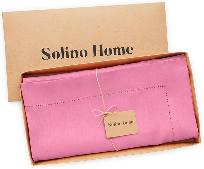 Solino Home Flamingo Pink Linen Tablecloth 60 x 132 Inch - Classic Hemstitch, 100% Pure Linen Rectangular Tablecloth - Machine Washable Table Cloth