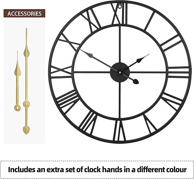 1st owned 16 inch Wall Clock - Metal Retro Roman Numeral Wall Clock, Almost Silent, Easy to Read for Living Room Decor/Home/Kitchen/Bedroom/Office/School(Black)