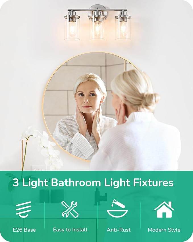 EDISHINE Bathroom Light Fixtures, 3-Light Bathroom Vanity Light Over Mirror, Brushed Nickel Wall Sconces Lighting with Clear Glass Shade Modern Bath Wall Mount Lamp for Vanity Table, Powder Room