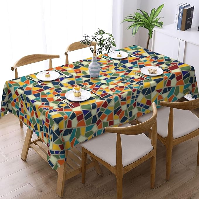 Colorful Mosaic Table Cloth for Dining Tables, Reusable Irregular Ceramic Mosaic Tiles Tablecloths Decoration Tile Pieces Style Rectangle Table Cover for Home,Kitchen,Party,Holiday,54x72Inch