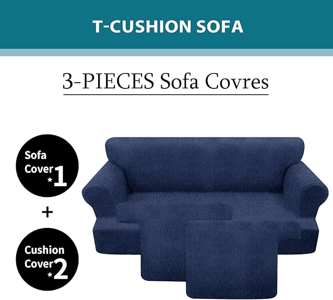 3 Piece T Cushion Sofa Slipcovers Stretch Couch Cover Furniture Covers with 2 Individual T Cushion Covers, Machine Washable for Living Room (Navy, 2 Cushions)