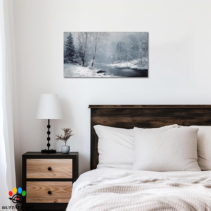 GUTTATY Christmas Winter Scene Canvas Wall Art, Snowy River Landscape Canvas Prints, Frosted Forest Picture Wall Decor Artwork for Living Room, Bedroom, Holiday Season Decoration, 40x20 Inch