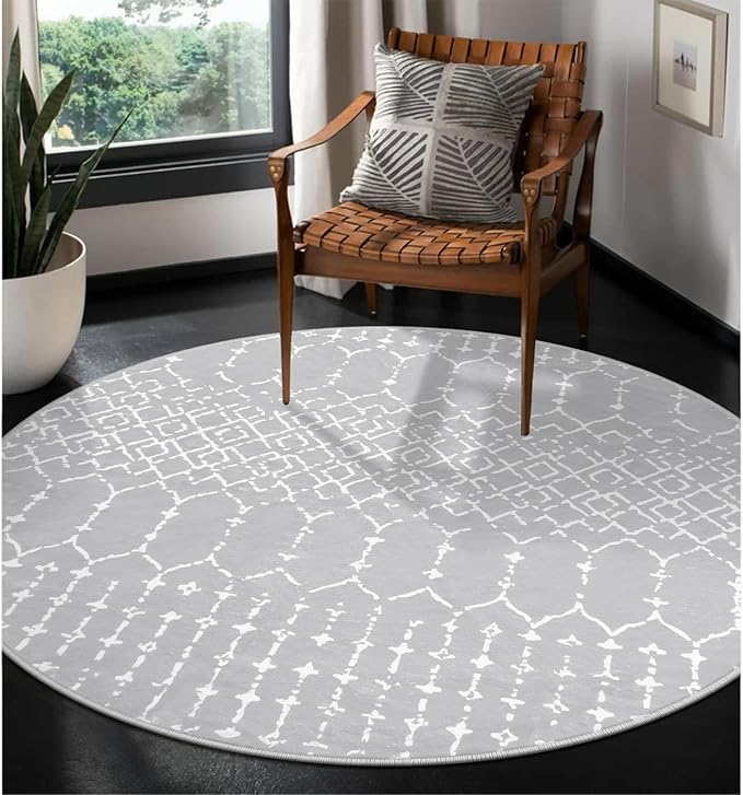 Lahome Moroccan Round Washable Rug - 3Ft Small Circle Soft Non-Slip Grey Bathroom Rug, Stain Resistant Low Pile Entryway, Modern Geometric Print Indoor for Kitchen Sofa Doorway