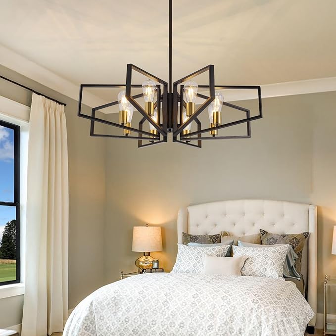 Black and Gold Chandelier, 8-Light Farmhouse Dining Room Light Fixture, Geometric Pendant Lights Kitchen Island, Modern Industrial Chandelier for Living Room, Bedroom, Foyer, Stairway, Entryway