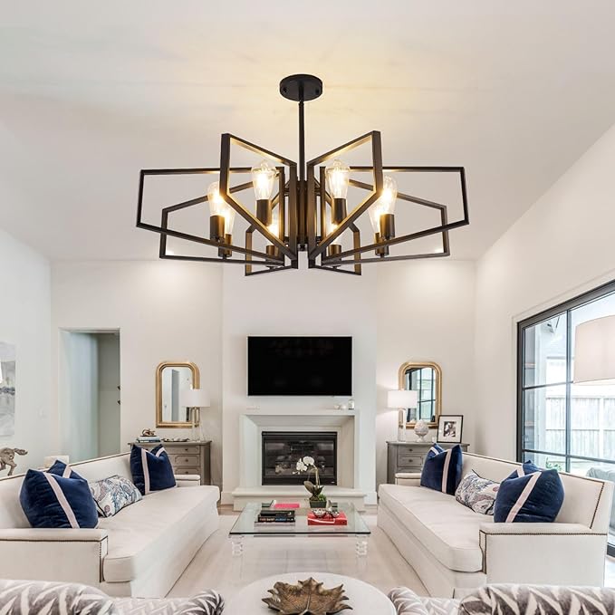 WJShome 8-Light Black Chandelier, Farmhouse Dining Room Light Fixture, Modern Industrial Ceiling Foyer Lighting Fixtures, Geometric Pendant Lights Kitchen Island, for Bedroom,Stairway, Entryway