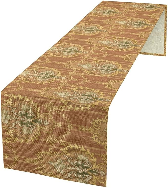 Damask Table Runner, Floral Victorian Antique Motifs Pattern Inspired Tile Table Runner for Kitchen Dining Weddings Party Decor 13x36in