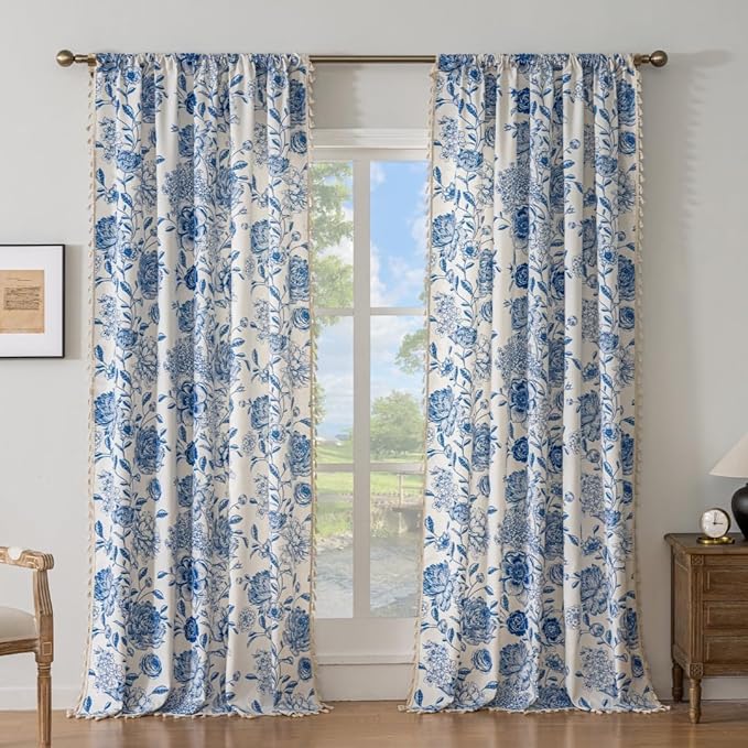 F-CHU Blue Curtains for Bohemian 90 Inch Length French Country Floral Drapes Farmhouse Rustic Vintage Window Curtain Panels for Bedroom Chic Country Curtains，2 Panel 52" W x 90" L