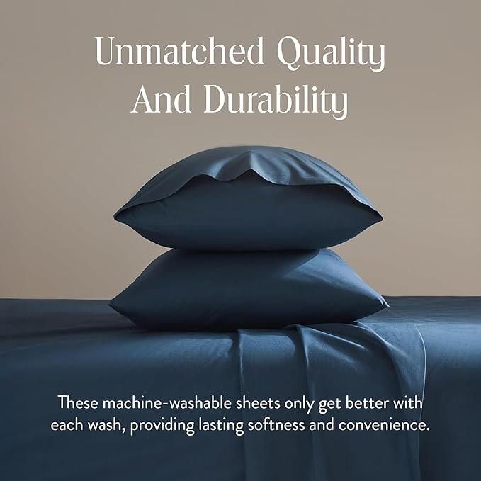Brooklinen Luxury Sateen 4 Piece Sheet Set - 100% Cotton Bed Sheets, Soft & Durable Twin Sheets Set in Abyss Blue, Oeko-TEX Certified Bedding Set, 1 Fitted Sheet, 1 Flat Sheet, 2 Pillowcases