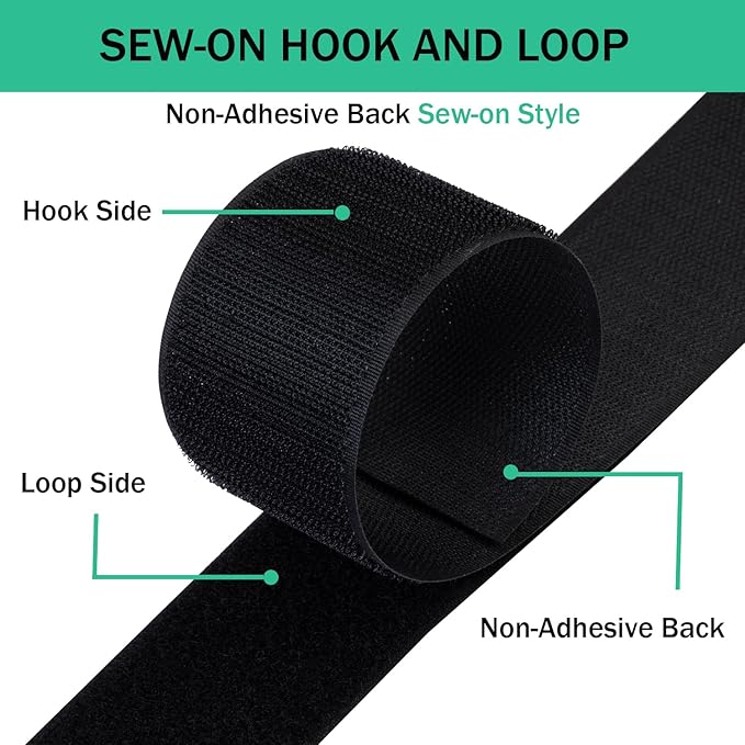 6 Inch Sew on Hook and Loop Strips | Easy to Sew | Excellent Grip | Non-Adhesive Back Nylon Fabric Fastener Strips for Clothing Sewing Crafts and DIY Projects, Black, 6in x 1.1yd