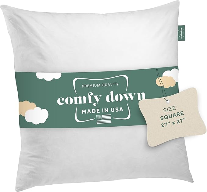 ComfyDown Decorative Throw Pillow Insert, Down and Feathers Fill, 100% Cotton Cover 233 Thread Count, Square Pillow Insert - Made in USA (27x27)