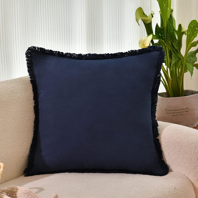 ZWJD Pillow Covers 26x26 Set of 2 Navy Throw Pillow Covers with Fringe Chic Cotton Decorative Pillows Square Cushion Covers for Sofa Couch Bed Living Room Farmhouse Boho Decor