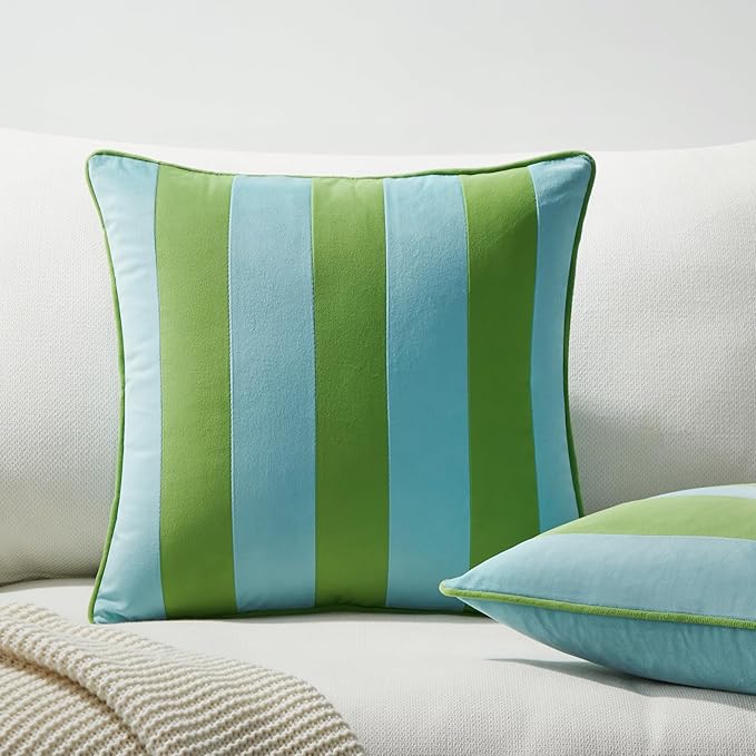 MONDAY MOOSE Decorative Throw Pillow Covers Cushion Cases, Set of 2 Soft Velvet Striped Piping Edge Designs, Pillow Inserts Not Included (Light Green/Light Blue, 16x16 inch)