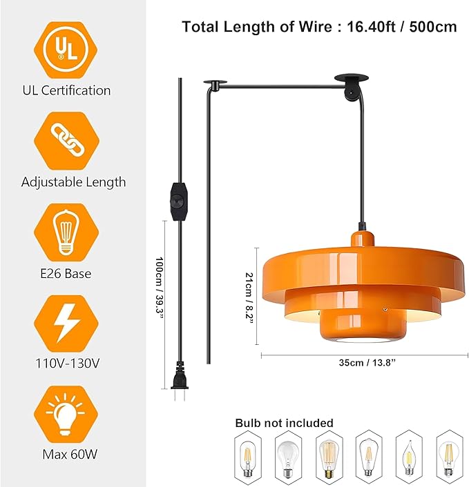 Plug in Pendant Light, Mid Century Orange Hanging Lights with Plug in Cord, 3-Layer Metal Shade, Adjustable Pulley, Dimmable, Vintage Hanging Lamp for Bedroom, Kitchen Island, Dining Room