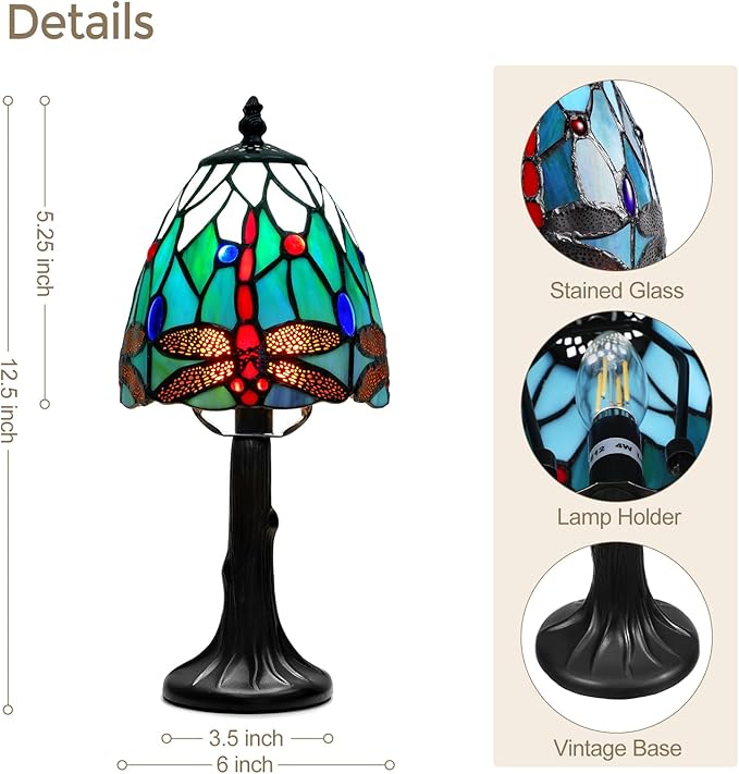 Tiffany Style Table Lamp - Dragonfly Stained Glass Lamps 6 Inch Small Tiffany Lamp Bedside Desk Lamps for Bedroom Living Room Home Office, Desk Reading Light Includes LED Bulb