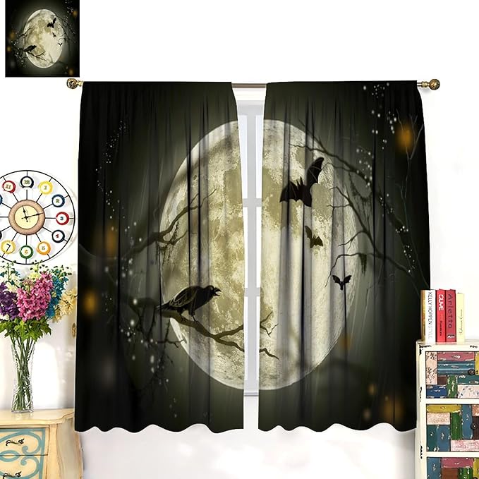 Gothic Halloween Full Moon Blackout Curtains, Gothic Halloween Night Black Bat Crow Print Window Drapes, for Kids Boys Bedroom Living Room 21(W)*54(L) 2 Panels