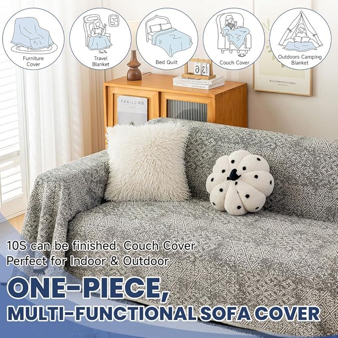 ROOMLIFE Couch Cover Black Boho Sofa Covers for 3 Cushion Couch Washable, Furniture Protector Sofa Couch Cover for Dogs, Soft Breathable Sofa Slipcover, Couch Throw Blankets with Tassels 71''X134''
