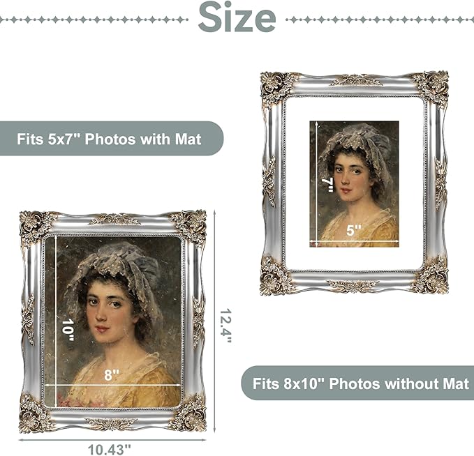 Silver Picture Frame 8x10 Vintage Victorian Picture Frames Antique Gothic Baroque Ornate for Wall or Tabletop Display, Fits 8x10 or 5x7 Photo with Mat
