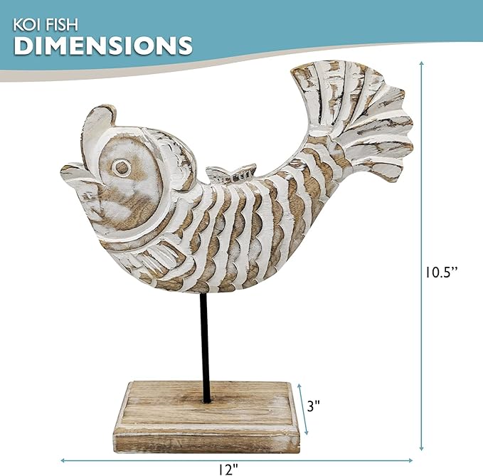 Farmhouse World Wooden Fish Home Decor | Handmade Fish Statue on Base Stand Sea Nautical Beach House Decor Art Piece | Rustic Table Decor for Office, Living Room (Koi Fish)