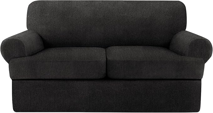 T Cushion Loveseat Slipcover 3 Pieces Sofa Covers for T Cushion Sofa Stretch Slip Covers for 2 Cushion Couch with 2 Individual T Shape Seat Covers (Black, 2 Cushion)