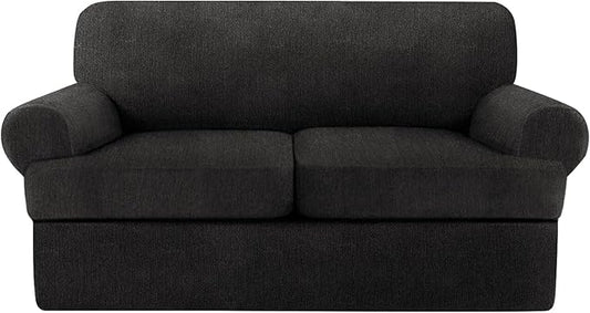 T Cushion Loveseat Slipcover 3 Pieces Sofa Covers for T Cushion Sofa Stretch Slip Covers for 2 Cushion Couch with 2 Individual T Shape Seat Covers (Black, 2 Cushion)