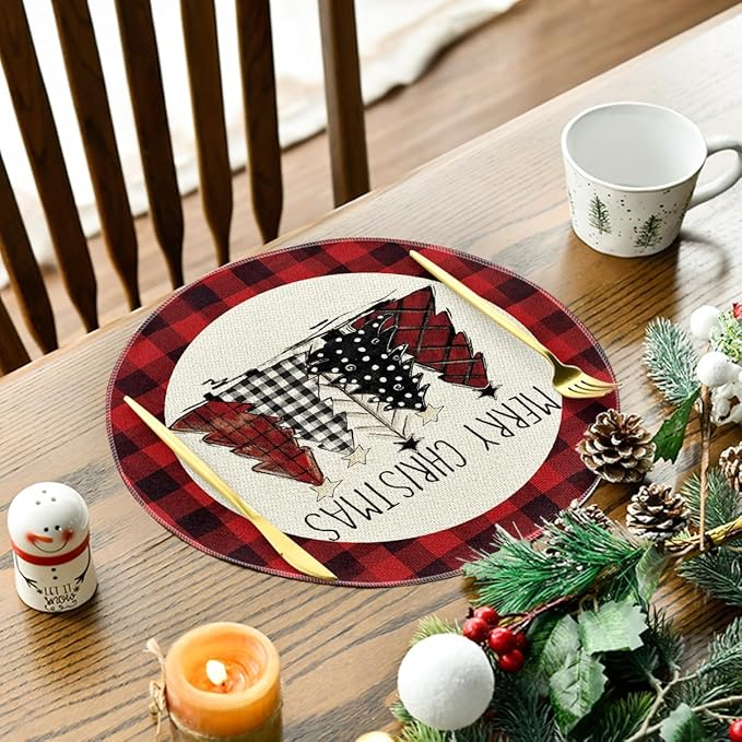 Artoid Mode Watercolor Red and Black Buffalo Plaid Christmas Trees Merry Xmas Round Placemats Set of 6, 14 Inch Winter Round Table Mats for Dining Decoration