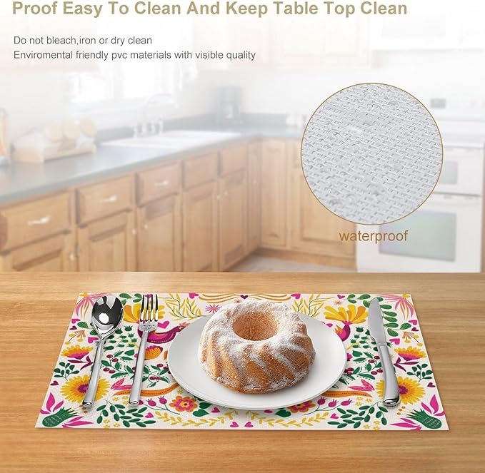 Mexican Floral Placemat Set of 4, 12x18 Inch Boho Cinco de Mayo Colorful Mexico Birds Fiesta Dia De Los Muertos Day Talavera White Coffee Table Mats for Outdoor Kitchen Dining Table Decoration