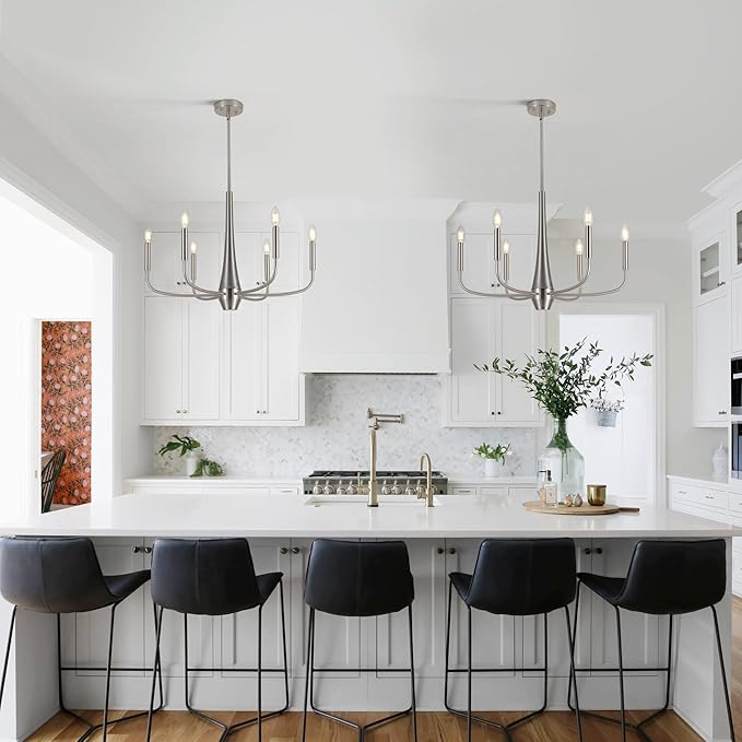 Brushed Nickel Chandelier, 6-Light Modern Farmhouse Chandeliers for Dining Room Lighting Fixtures Hanging, Industrial Metal Minimalist Chandelier for Kitchen Bedroom Foyer Entryway Hall
