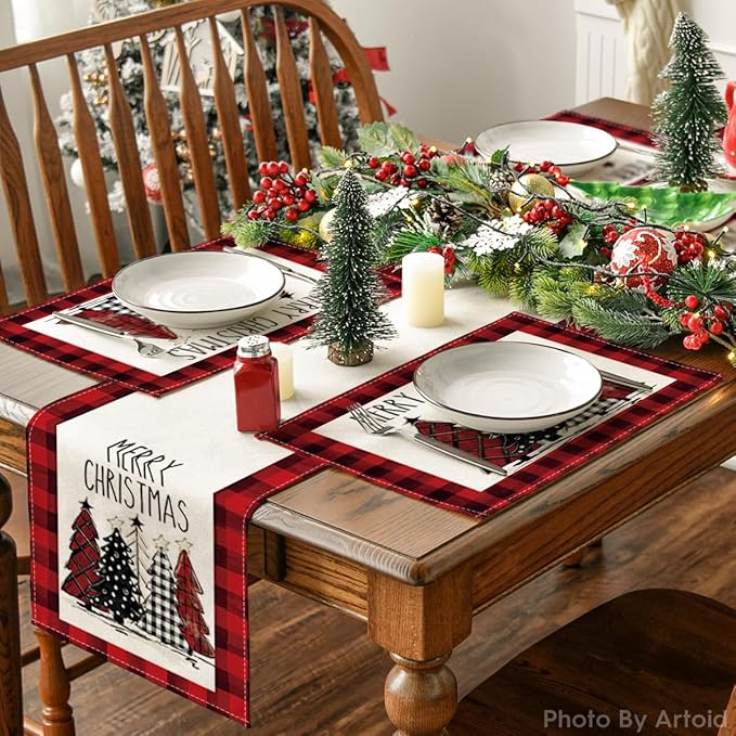Artoid Mode Red and Black Buffalo Plaid Christmas Trees Placemats Set of 8, 12x18 Inch Winter Table Mats for Outdoor Home Party Kitchen Dining Decor