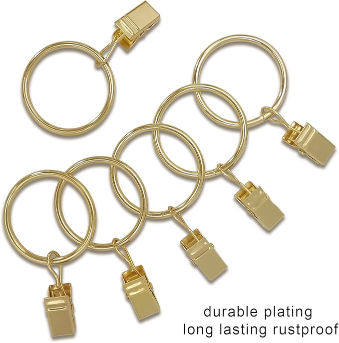 100 Pack Curtain Rings with Clips, Drapery Clips with Rings, Drapes Rings 1.26 in Interior Diameter, Fits up to 1 in Curtain Rod, Gold Color