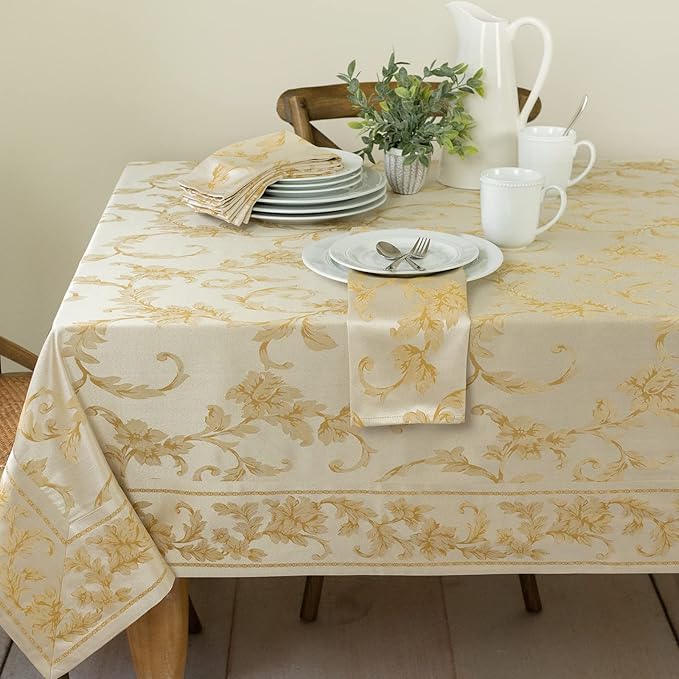 Benson Mills Harmony Scroll Woven Damask Fabric Tablecloth, Everyday, Parties, Special Occasions, Weddings and Holiday Table Cloth (60" X 144" Rectangular, Silver – Gold)