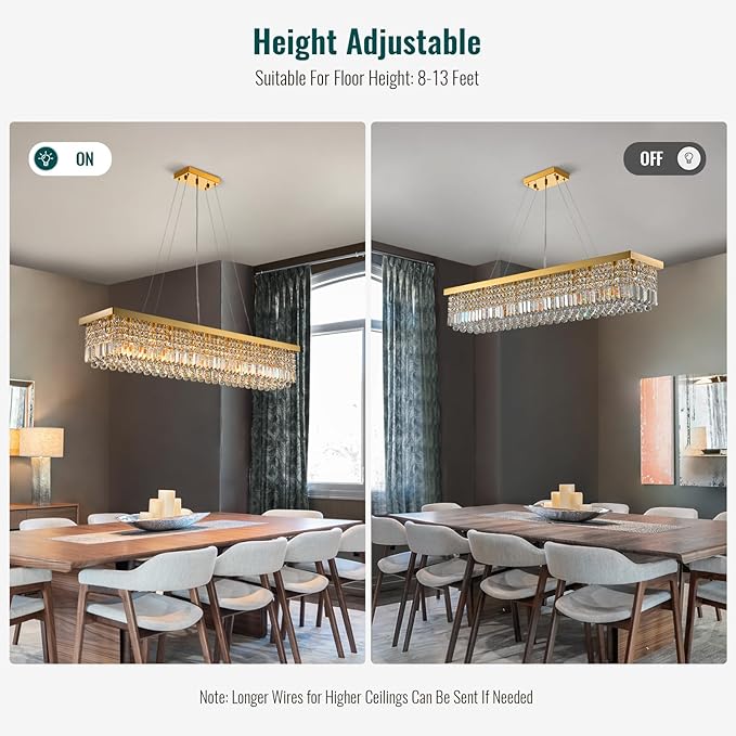 Siljoy 10-Light Modern Crystal Chandelier Gold Rectangular Crystal Raindrop Chandelier Luxury Large Rectangle Flush Mount Pendant Ceiling Light for Dining Room Kitchen Island Bar L47'' x W10'' x H10''