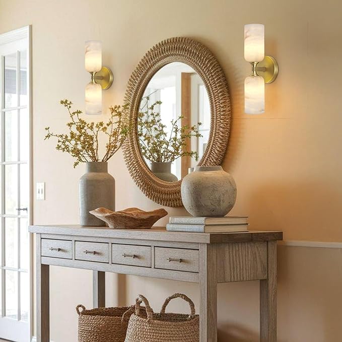Alabaster Wall Sconce 14in Modern Spanish Natural Marble Bathroom Vanity Sconces, Antique Brass Sconces Wall Lighting, Gold Wall Light Fixtures Decor, For Bedroom Living Room Staircases Hallway