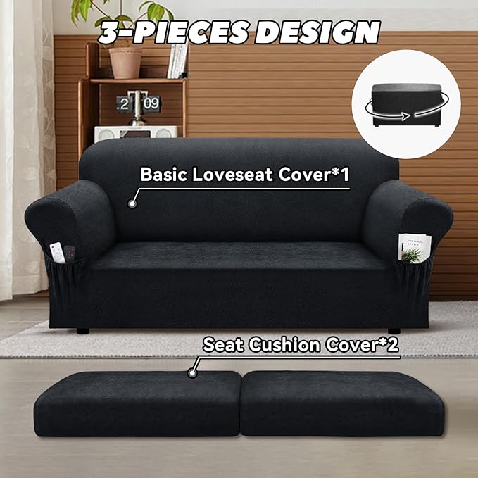 Loveseat Slipcover with Armrest Pockets 3-Piece Set, Stretch Faux Leather Love Seat Covers for 2-Cushion Couches(Fits 58-66") - Non-Slip, Machine Washable, Pet & Kid Friendly - Dark Gray