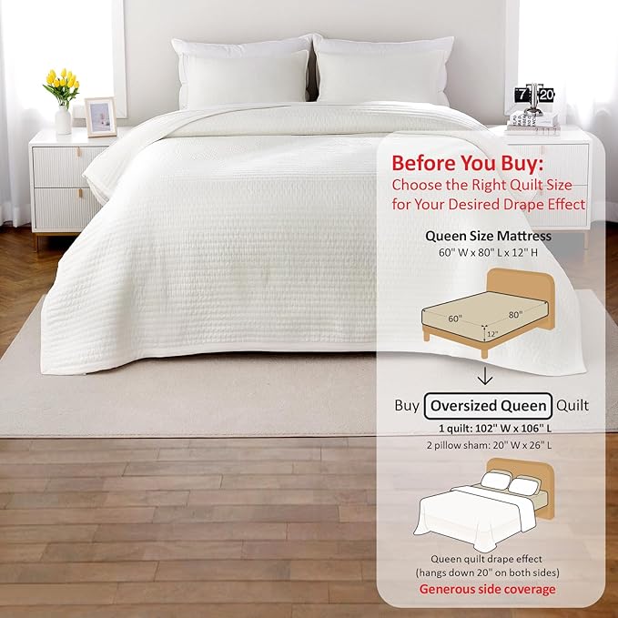 Oversized Queen Quilt Set–102"x106" Soft Washed 3-Layer Lightweight Bedspread with Multi-Lock Quilting,Minimalist Nordic Bedding,All-Season Quilt Set for Spring & Summer,(1 Quilt + 2 Shams)Cream White