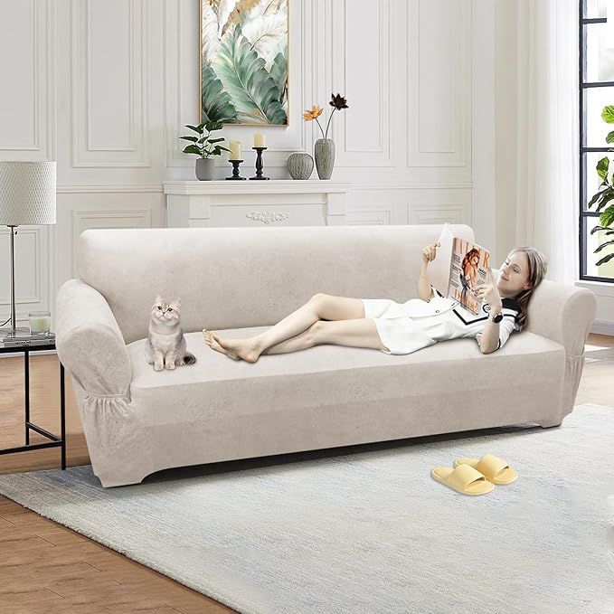 Couch Cover Leather Look 3 Seater Couch Sofa Cover 1-Piece Sofa Slipcover Stretch Furniture Protector with Elastic Bottom & Pockets(Sofa, Beige)