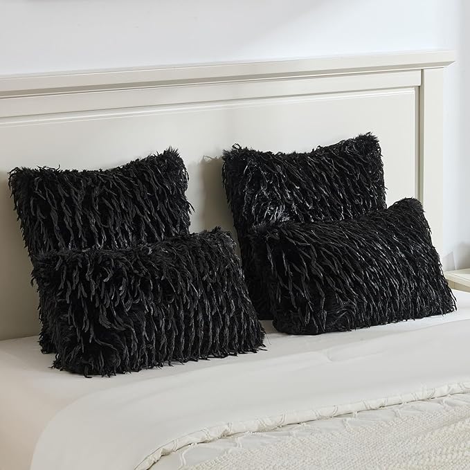 FUTEI Black Decorative Throw Pillow Covers 20x20 Inch Set of 2,Soft Fluffy Faux Feather Texture Cushion Cases,Modern Home Luxury Decor for Couch Bed Living Room