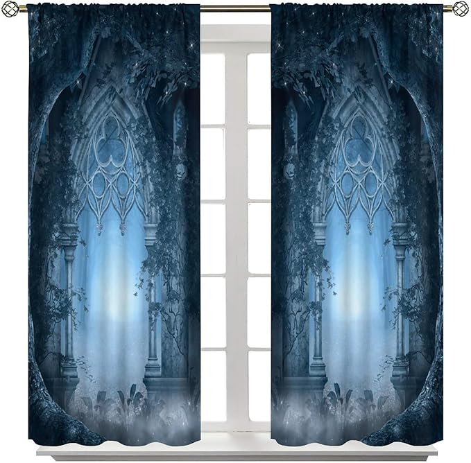 Gothic Mid Century Blackout Curtains, Vintage Medieval Castle Night Magic Forest Tree Misty Landscape Window Drapes, for Living Room Bedroom 21(W)*54(L) 2 Panels