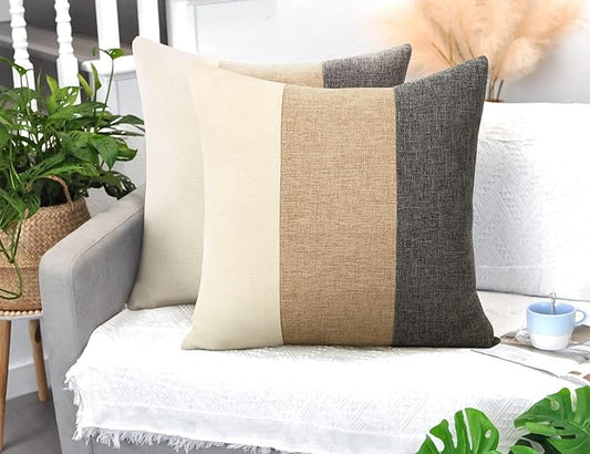 Pyonic Boho Farmhouse Throw Pillow Covers 18x18,Decorative Square Pillowcases Home Cushion Covers Case for Bed Couch Sofa,Tan Cream White and Grey,Set of 2