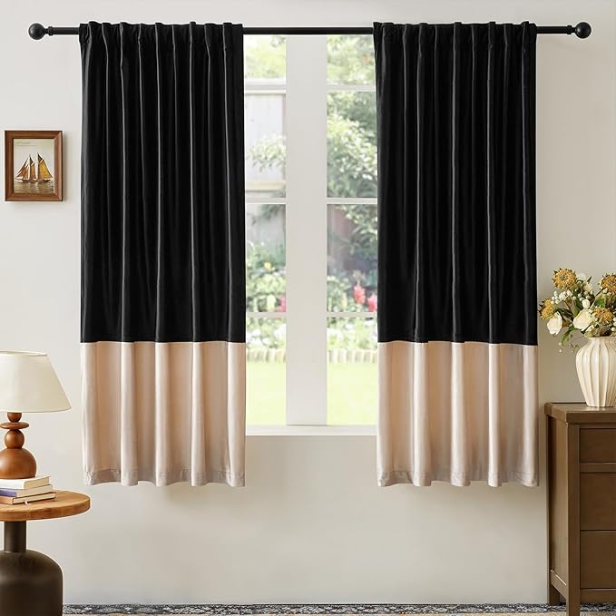 Velvet Curtains for Living Room Black Champagne Beige 63 inches Long,2 Panels Blackout Curtains Modern Color Block Back Tab Rod Pocket Soundproof Drapes for Bedroom Window Decor