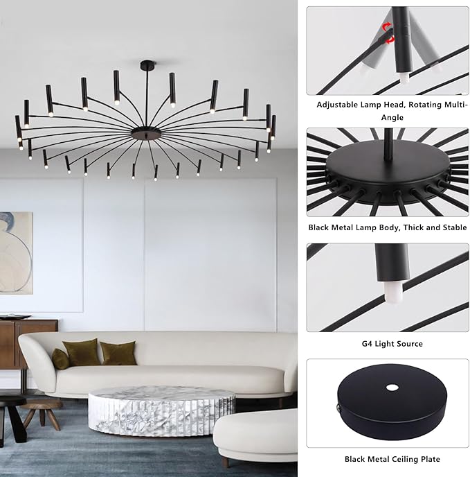 KCO Lighting 24 Lights Black Metal Sputnik Chandelier Mid Century Modern Flush Mount Ceiling Light Fixture Farmhouse Vintage Kitchen Island Sputnik Chandelier Lighting (24-Light)