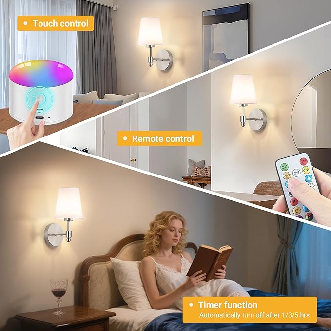 Battery Operated Wall Sconces Set of Two, Rechargeable Wireless Wall Lights with 10000mAh RGB Dimmable Detachable Bulb, Battery Sconces Wall Decor with Remote for Bedroom Living Room Hallway