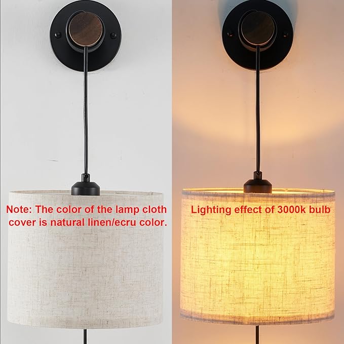 Wall Sconces Set of Two, Plug in Sconces Wall Lighting with Fabric Shade, Farmhouse Wall Lamps with Plug in Cord, Rustic Wall Lights with Wood Arm and On/Off Switch for Bedroom, Living Room