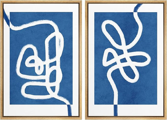 SIGNWIN Framed Wall Art Print Set White Line Contrasting Blue Backround Abstract Swirly Digital Art Modern Art Mid-Century Modern Expressive for Living Room, Bedroom, Office - 16"x24"x2 Panels