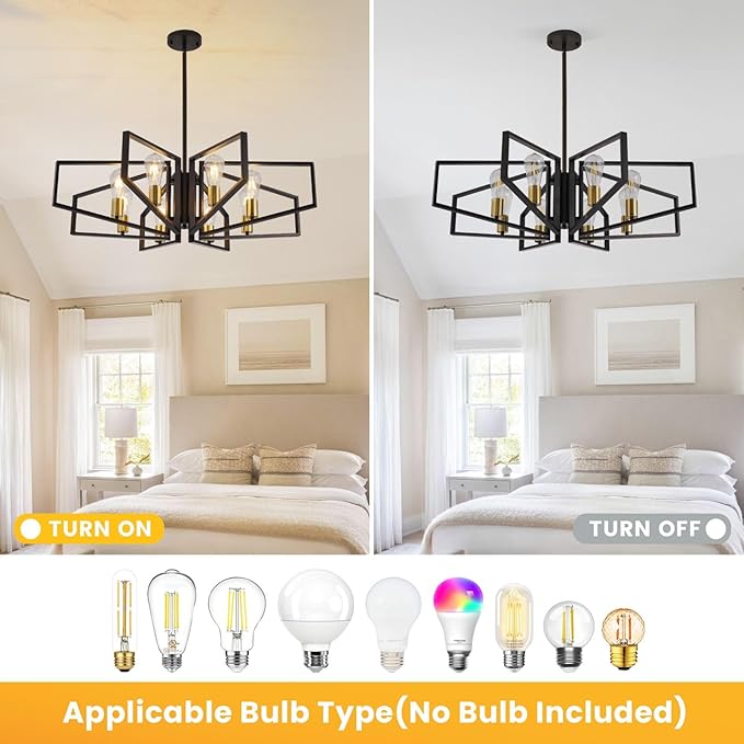 Black and Gold Chandelier, 8-Light Farmhouse Dining Room Light Fixture, Geometric Pendant Lights Kitchen Island, Modern Industrial Chandelier for Living Room, Bedroom, Foyer, Stairway, Entryway