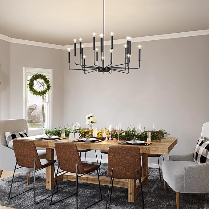 Modern Farmhouse Black Chandelier, 16-Light Rustic Candle Chandelier, Industrial Hanging Chandeliers for Dining Room, Living Room, Kitchen, Foyer, Entryway