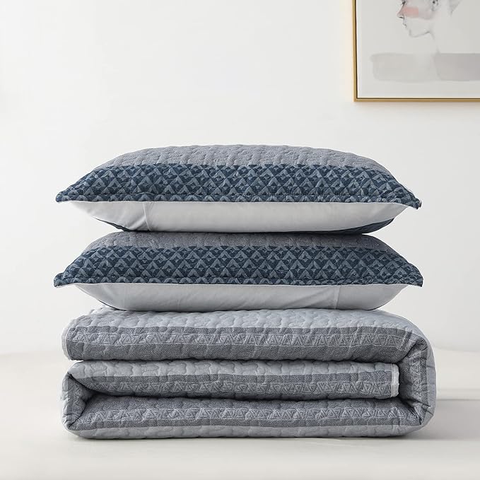 DURLENGEN Striped Quilt Set Queen Size 3Pcs, Blue & Navy Striped Patchwork Pattern All Season Lightweight Bedspread Coverlet Sets(Queen 90x96, Blue Patchwork)