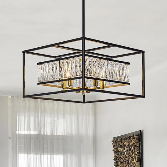 Vezzio Black Crystal Foyer Entryway Chandelier Modern Farmhouse Square 5-Light Chandelier Light Fixture for Dining Room Kitchen Island Entrance Staircases Hallway