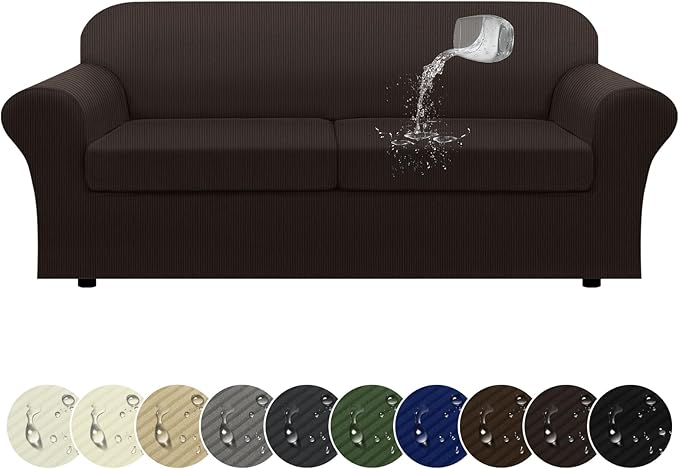 100% WaterproofCouch Cover 3-Piece Set Striped Sofa Slipcovers for 2 Cushion Couch Sofa Covers with TPU Leakproof Bottom Stretch Couch Protector Pet Proof - Sofa(2-Cushion), Coffee